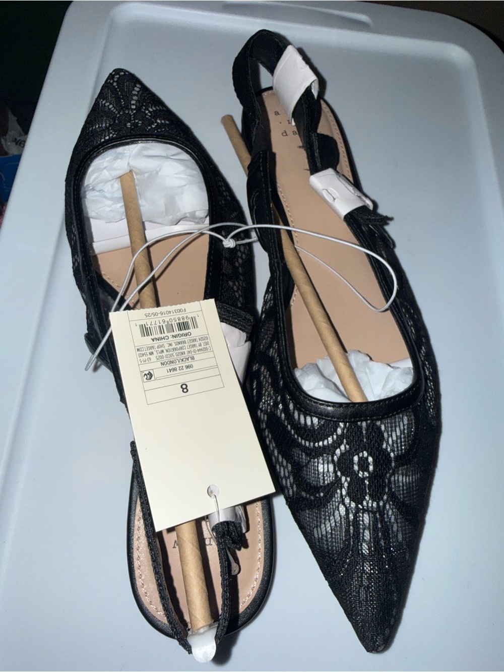 Black Lace Pointed Toe Slingback Flats - Women's Size 8